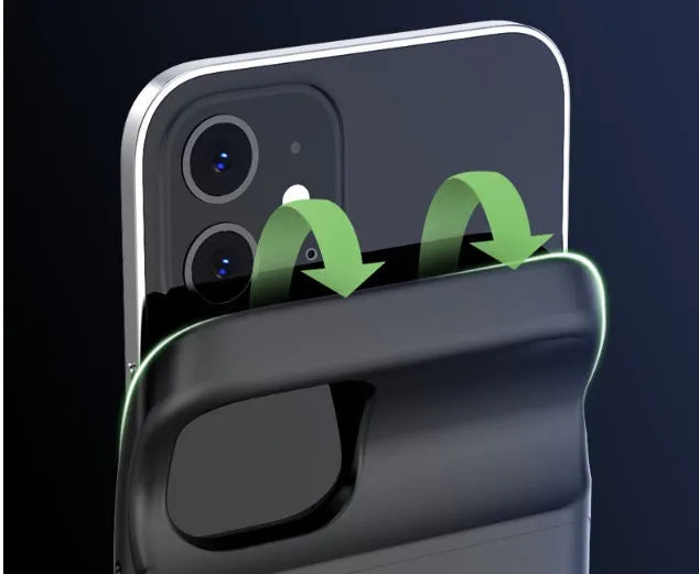 Black ultra-thin wireless back clip battery for iPhone 12 phones showing clip and USB ports
