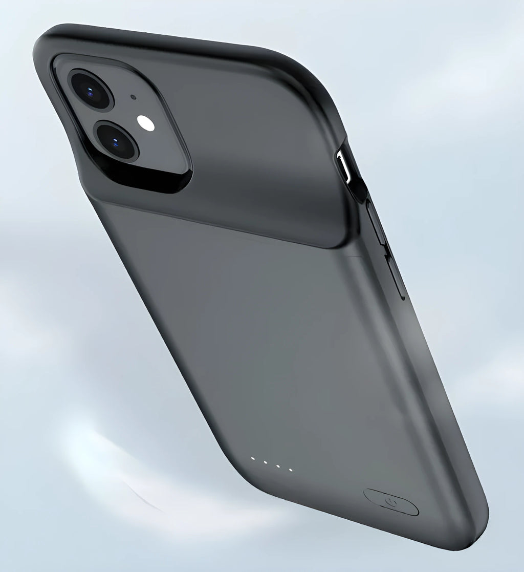 Black ultra-thin wireless back clip battery for iPhone 12 phones showing clip and USB ports