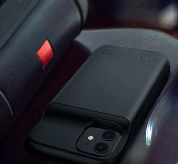 Black ultra-thin wireless back clip battery for iPhone 12 phones showing clip and USB ports