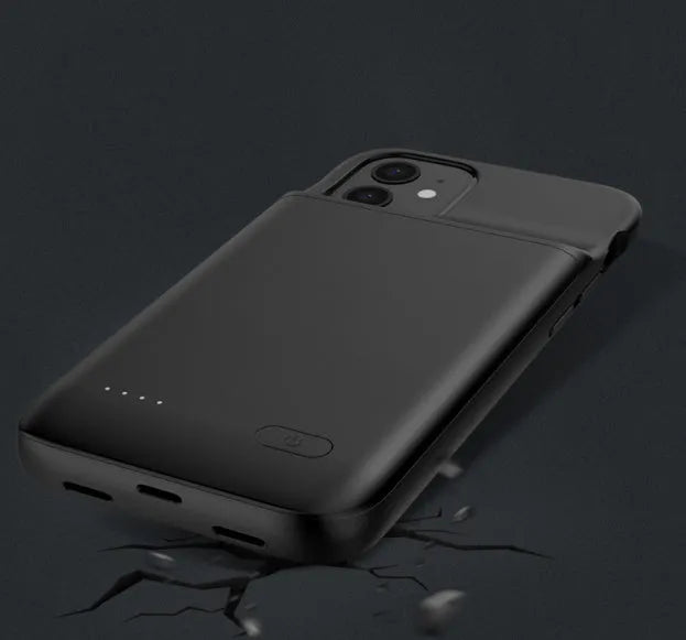 Black ultra-thin wireless back clip battery for iPhone 12 phones showing clip and USB ports