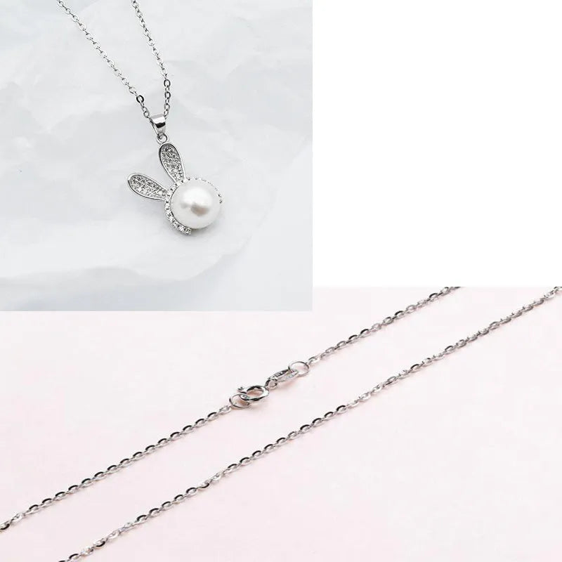Luxury cute rabbit with pearl silver earrings and necklace set white colour for women