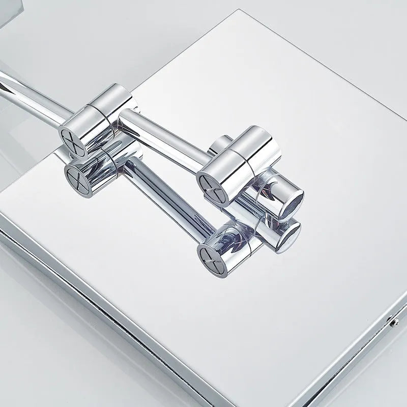 8.5 inch stainless steel folding bathroom mirror lamp with silver mirror, shown in folded and extended positions