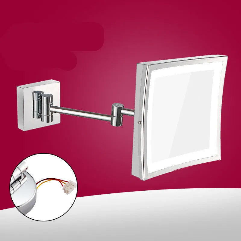 8.5 inch stainless steel folding bathroom mirror lamp with silver mirror, shown in folded and extended positions