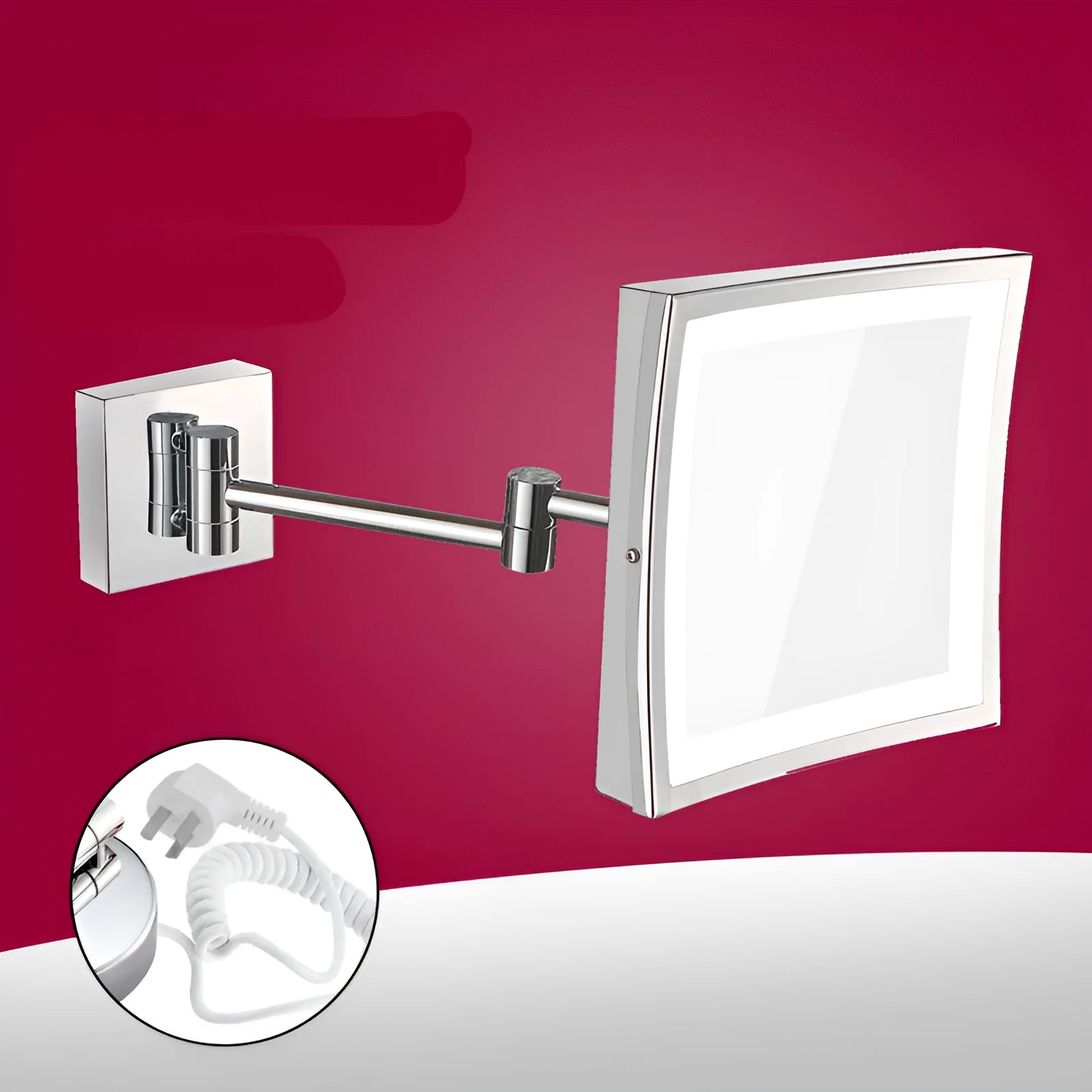 8.5 inch stainless steel folding bathroom mirror lamp with silver mirror, shown in folded and extended positions