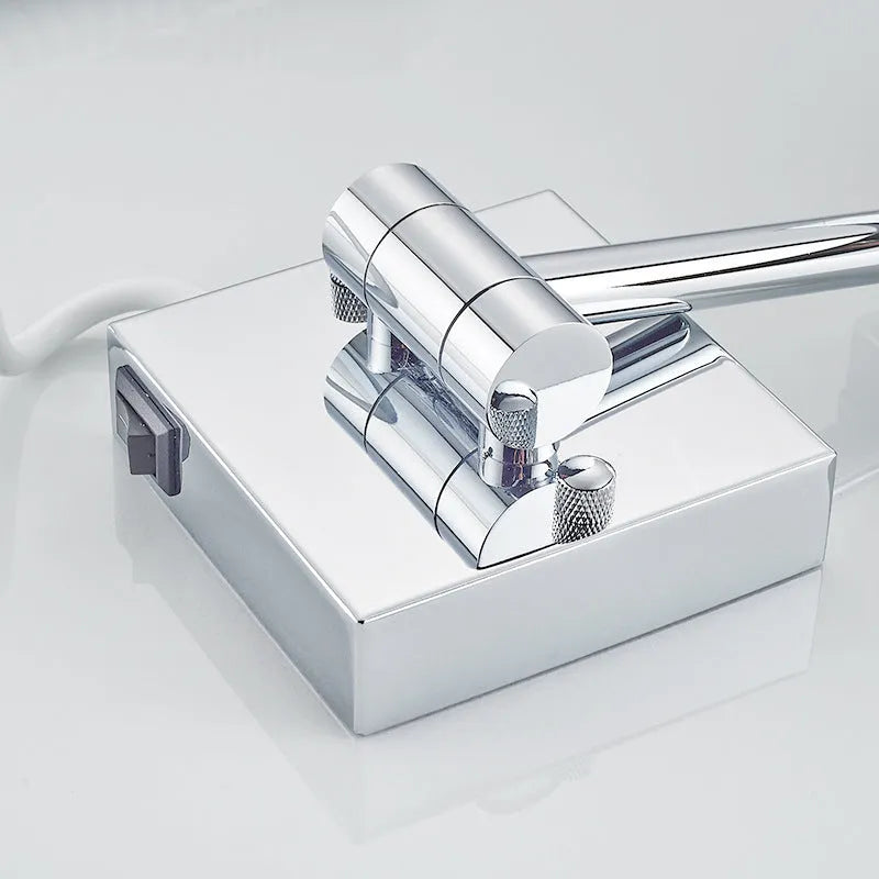 8.5 inch stainless steel folding bathroom mirror lamp with silver mirror, shown in folded and extended positions