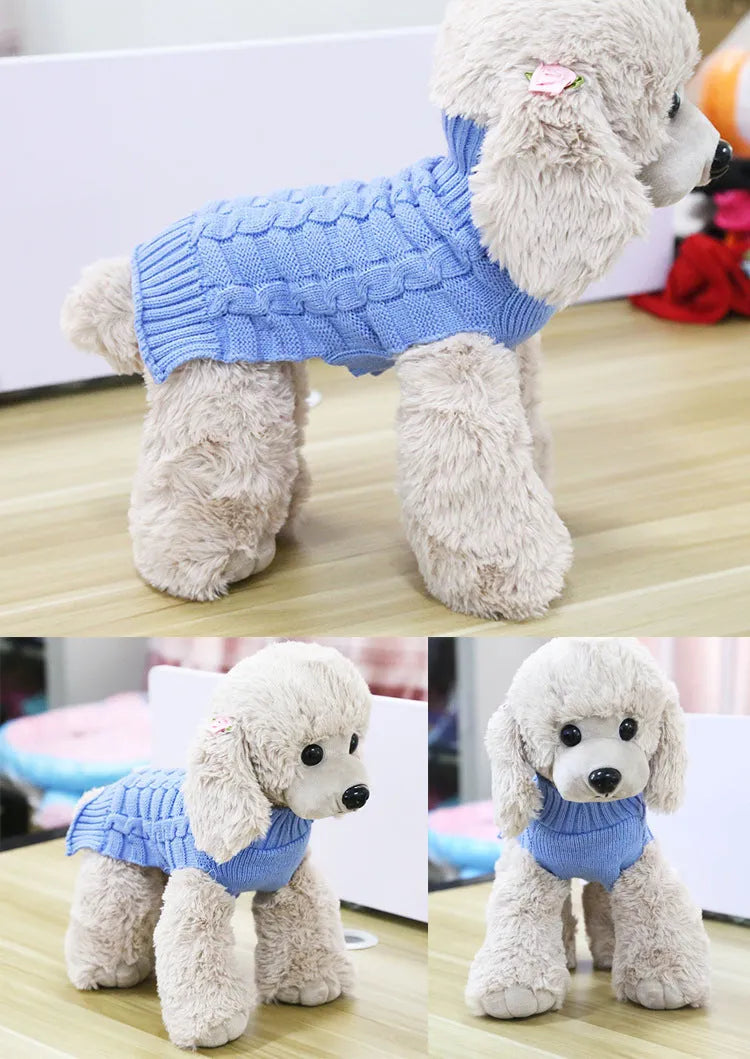Wool cashmere twisted rope dog sweater shown in multiple colour options with size measurements displayed