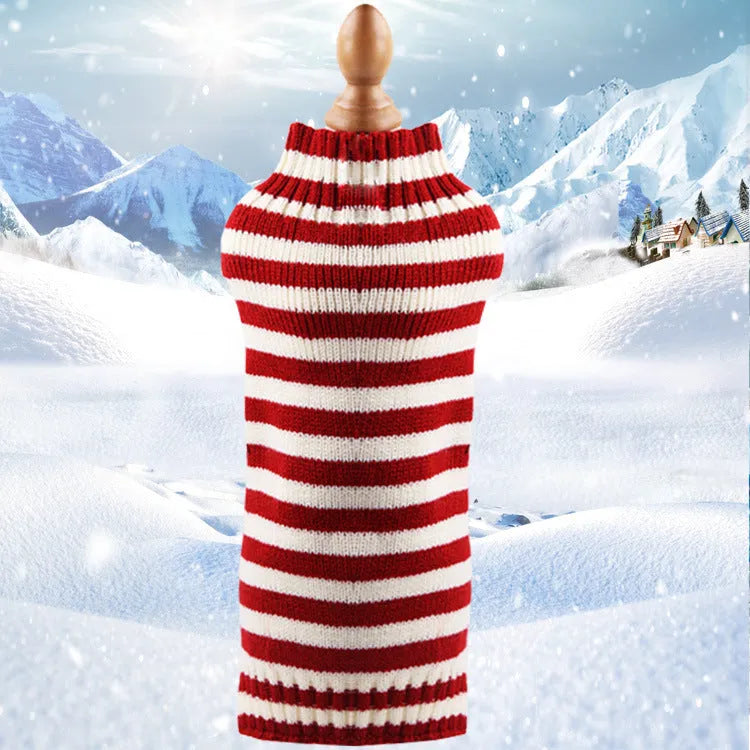 Wool cashmere twisted rope dog sweater shown in multiple colour options with size measurements displayed