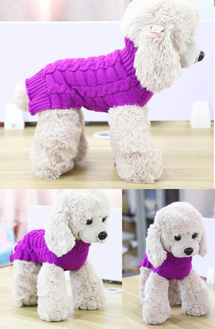 Wool cashmere twisted rope dog sweater shown in multiple colour options with size measurements displayed