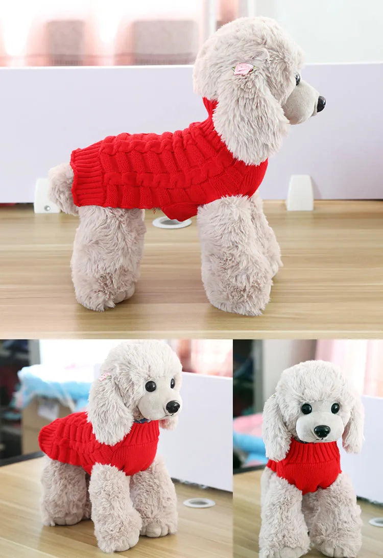 Wool cashmere twisted rope dog sweater shown in multiple colour options with size measurements displayed
