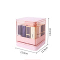Pink press lift lipstick storage box with dust-proof belt cover on a desktop.