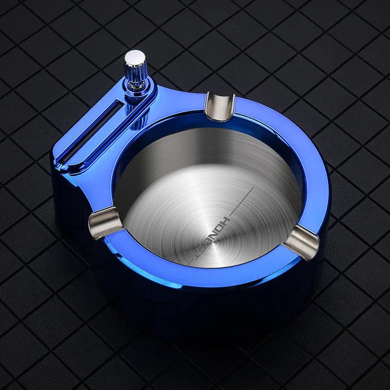 Large blue metal ashtray with permanent match lighter and three cigarette slots