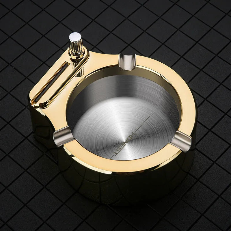 Large blue metal ashtray with permanent match lighter and three cigarette slots