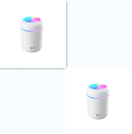 Compact car air purifying humidifier with 300ml water tank, USB powered, in white colour