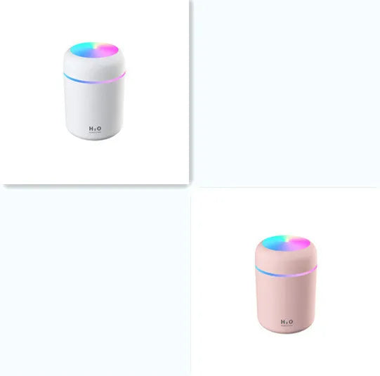 Compact car air purifying humidifier with 300ml water tank, USB powered, in white colour