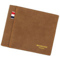 Men's retro tri-fold wallet in black, navy, dark brown, or light brown showing large capacity short design
