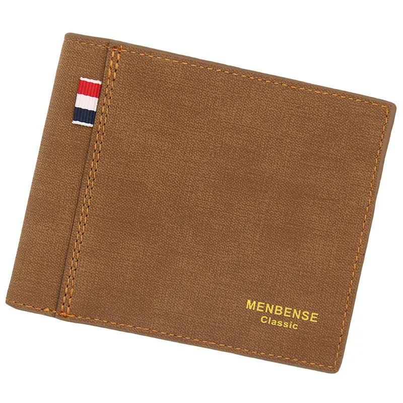 Men's retro tri-fold wallet in black, navy, dark brown, or light brown showing large capacity short design