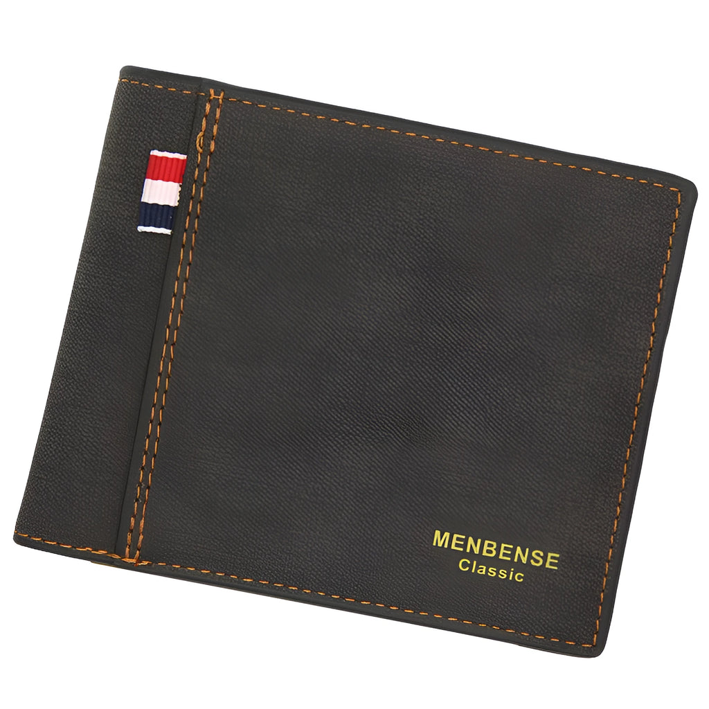 Men's retro tri-fold wallet in black, navy, dark brown, or light brown showing large capacity short design