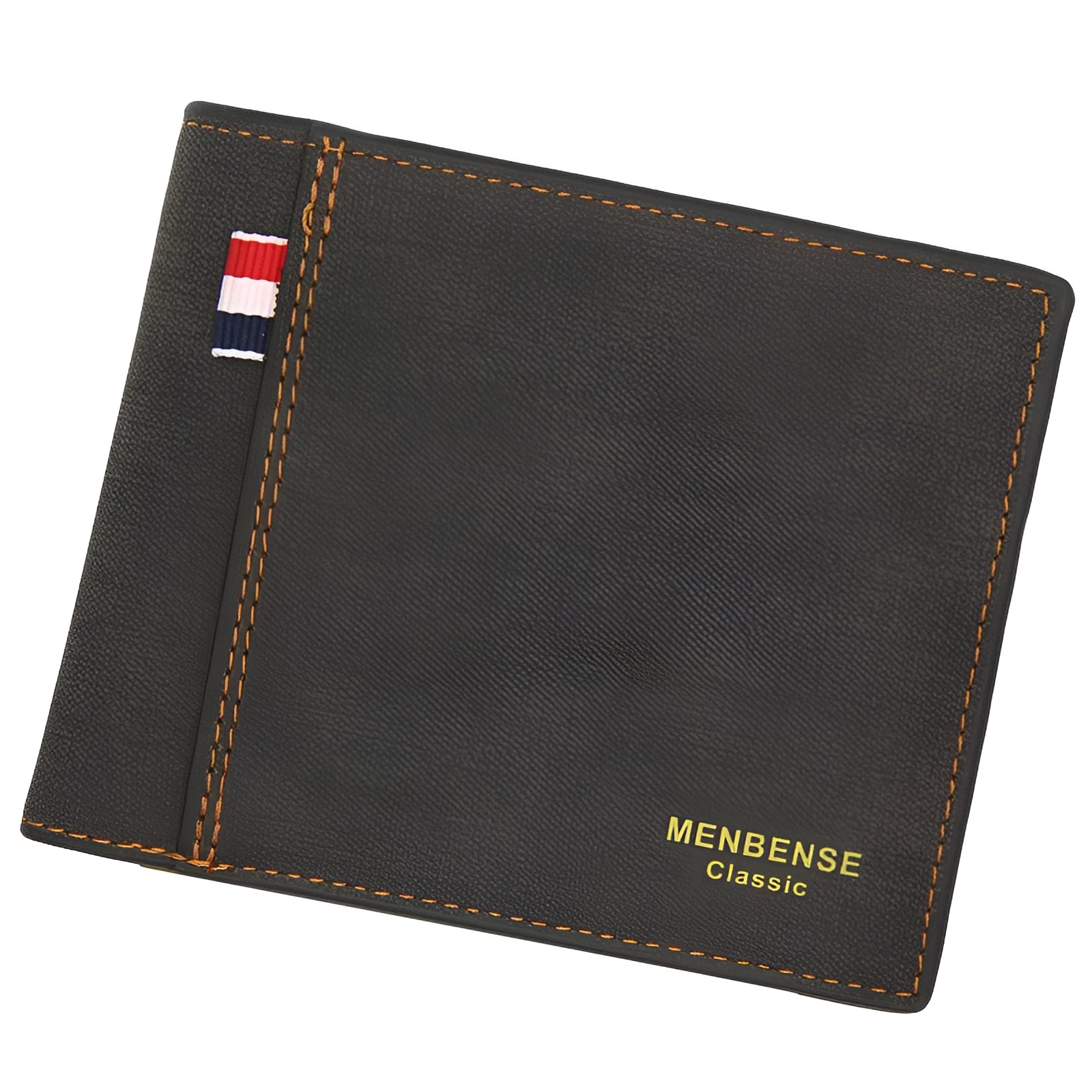 Men's retro tri-fold wallet in black, navy, dark brown, or light brown showing large capacity short design