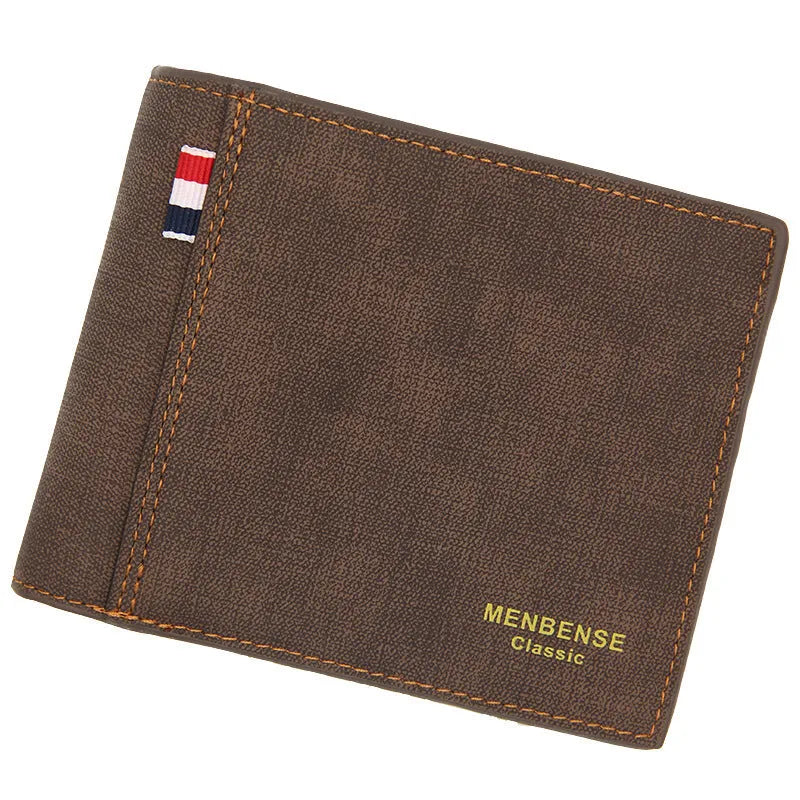 Men's retro tri-fold wallet in black, navy, dark brown, or light brown showing large capacity short design