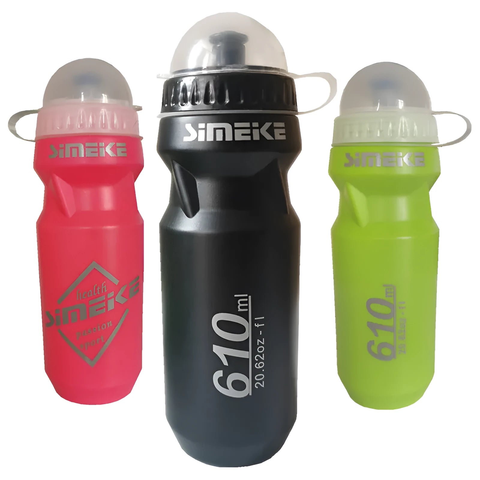 610ml transparent PC bicycle water bottle in black, green, and red colours for outdoor sports