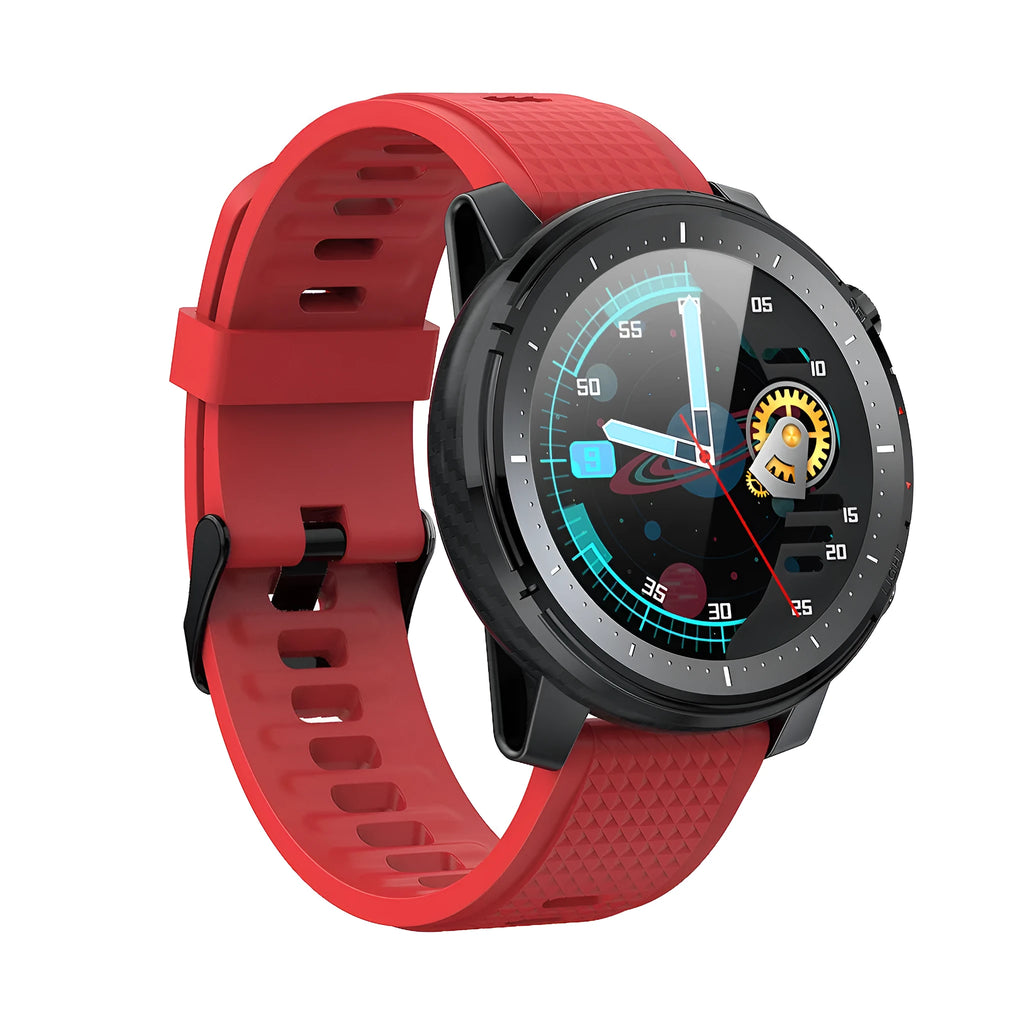 Black Android smart watch with round mirror dial and silicone strap, showing IP68 waterproof rating.