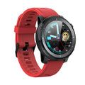 Black Android smart watch with round mirror dial and silicone strap, showing IP68 waterproof rating.