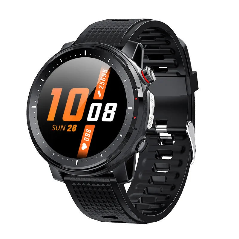 Black Android smart watch with round mirror dial and silicone strap, showing IP68 waterproof rating.