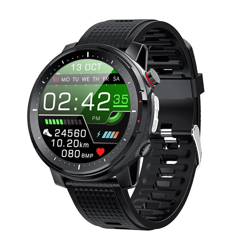 Black Android smart watch with round mirror dial and silicone strap, showing IP68 waterproof rating.