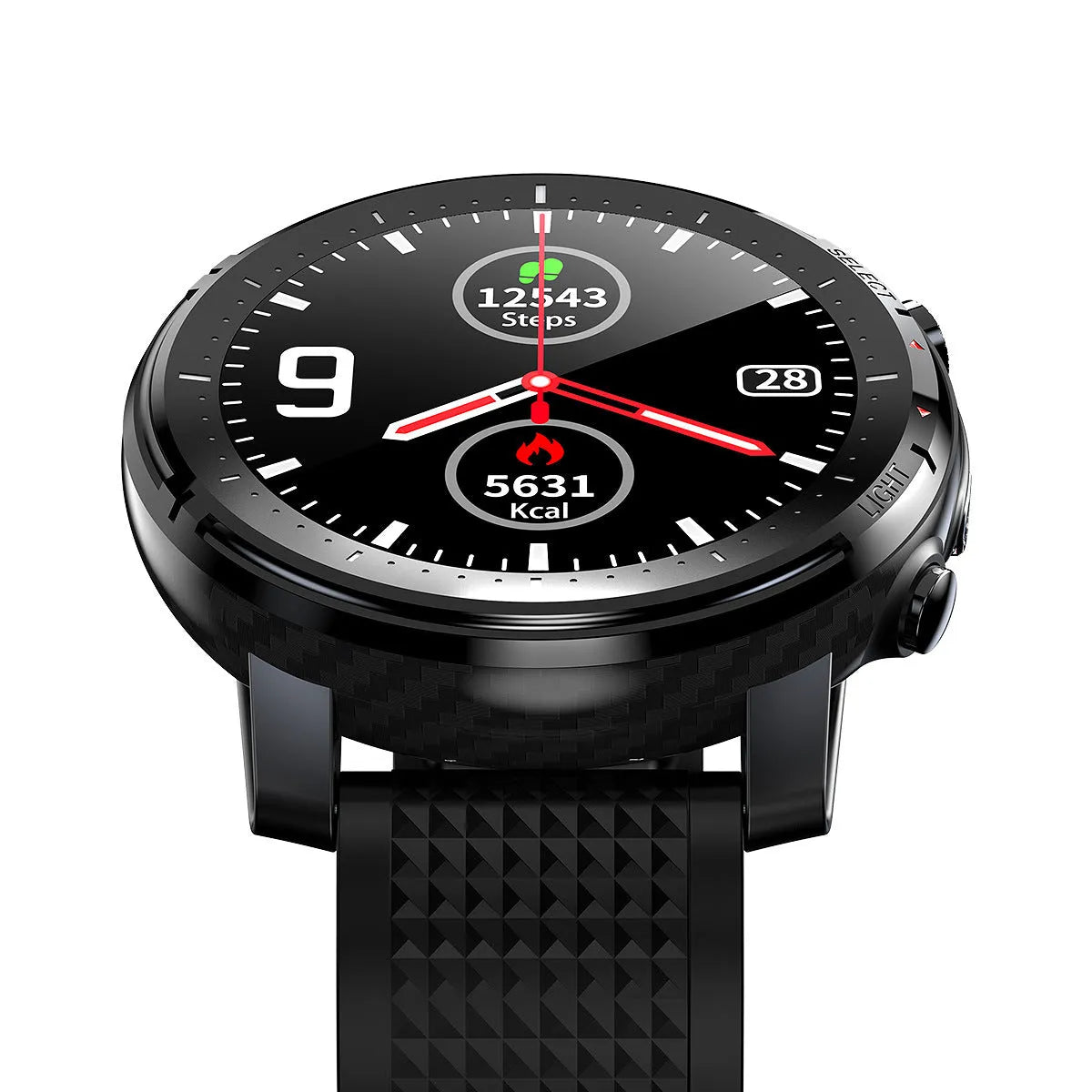 Black Android smart watch with round mirror dial and silicone strap, showing IP68 waterproof rating.