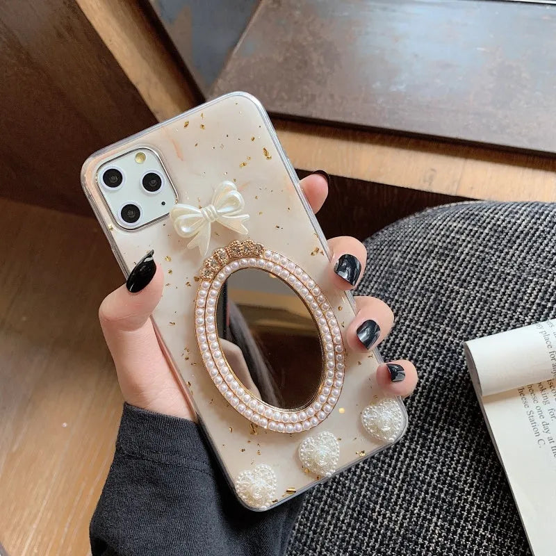 Brown marble bowknot rhinestone mirror phone case for iPhone models showing mirror surface