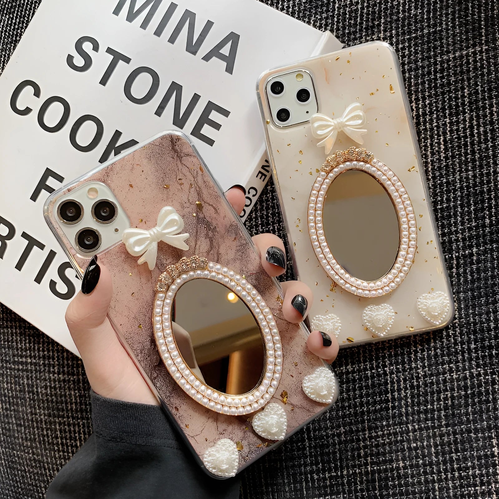 Brown marble bowknot rhinestone mirror phone case for iPhone models showing mirror surface