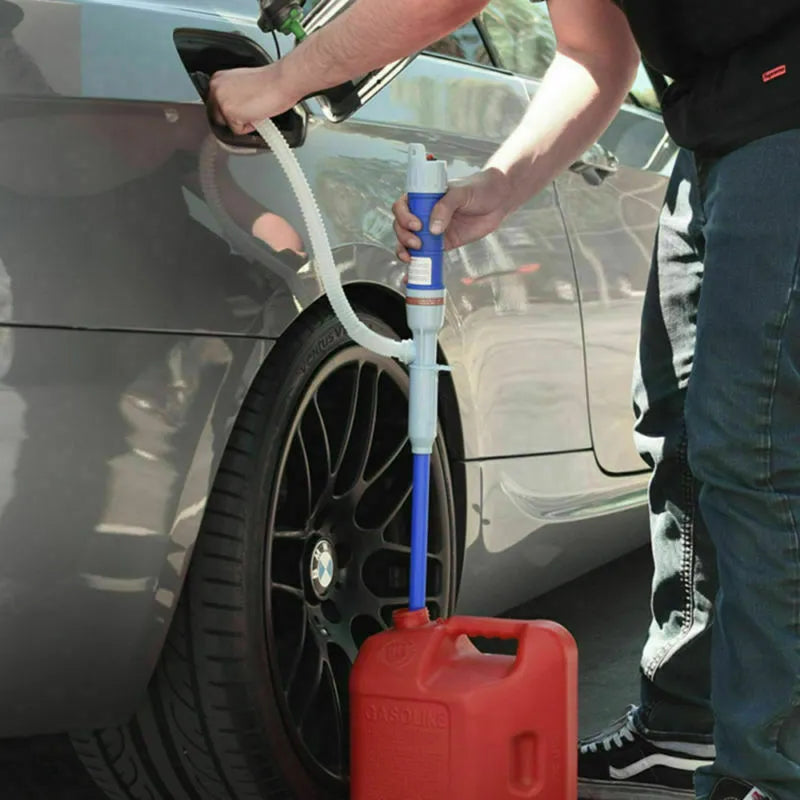 Blue manual siphon hand pump with a long hose for transferring fuel and liquids.