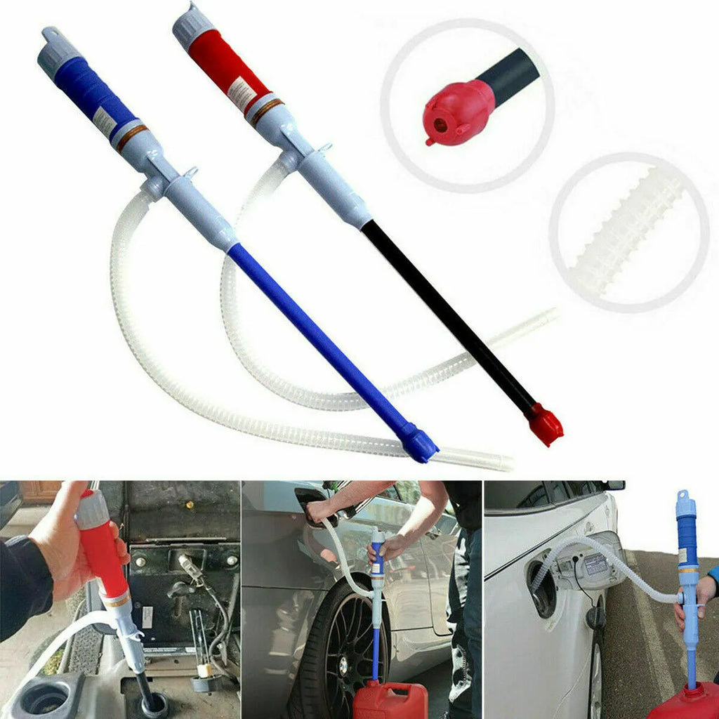 Blue manual siphon hand pump with a long hose for transferring fuel and liquids.