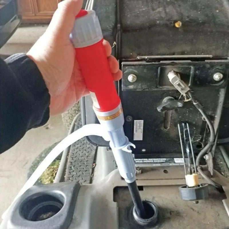 Blue manual siphon hand pump with a long hose for transferring fuel and liquids.