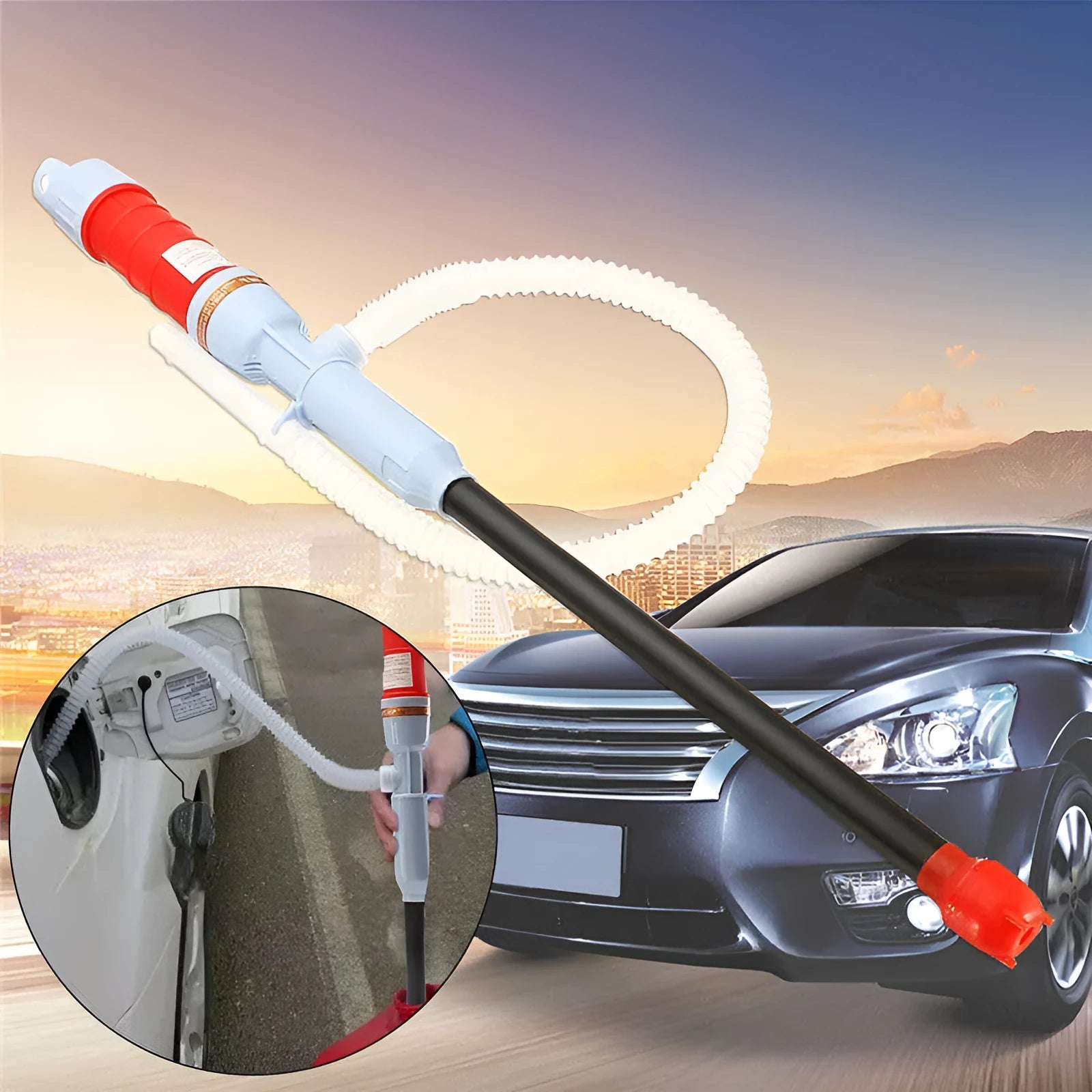Blue manual siphon hand pump with a long hose for transferring fuel and liquids.
