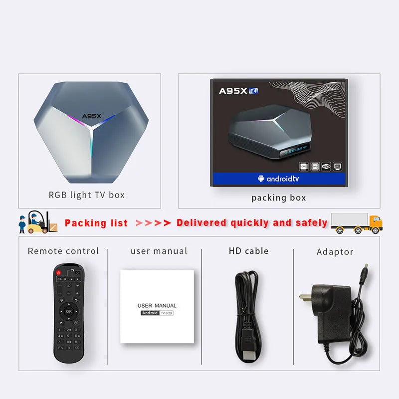 Android 8K network media player set-top box with remote control and HDMI cable