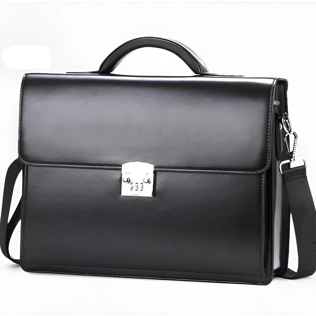 Men's black PU leather business briefcase with horizontal design and loading handle
