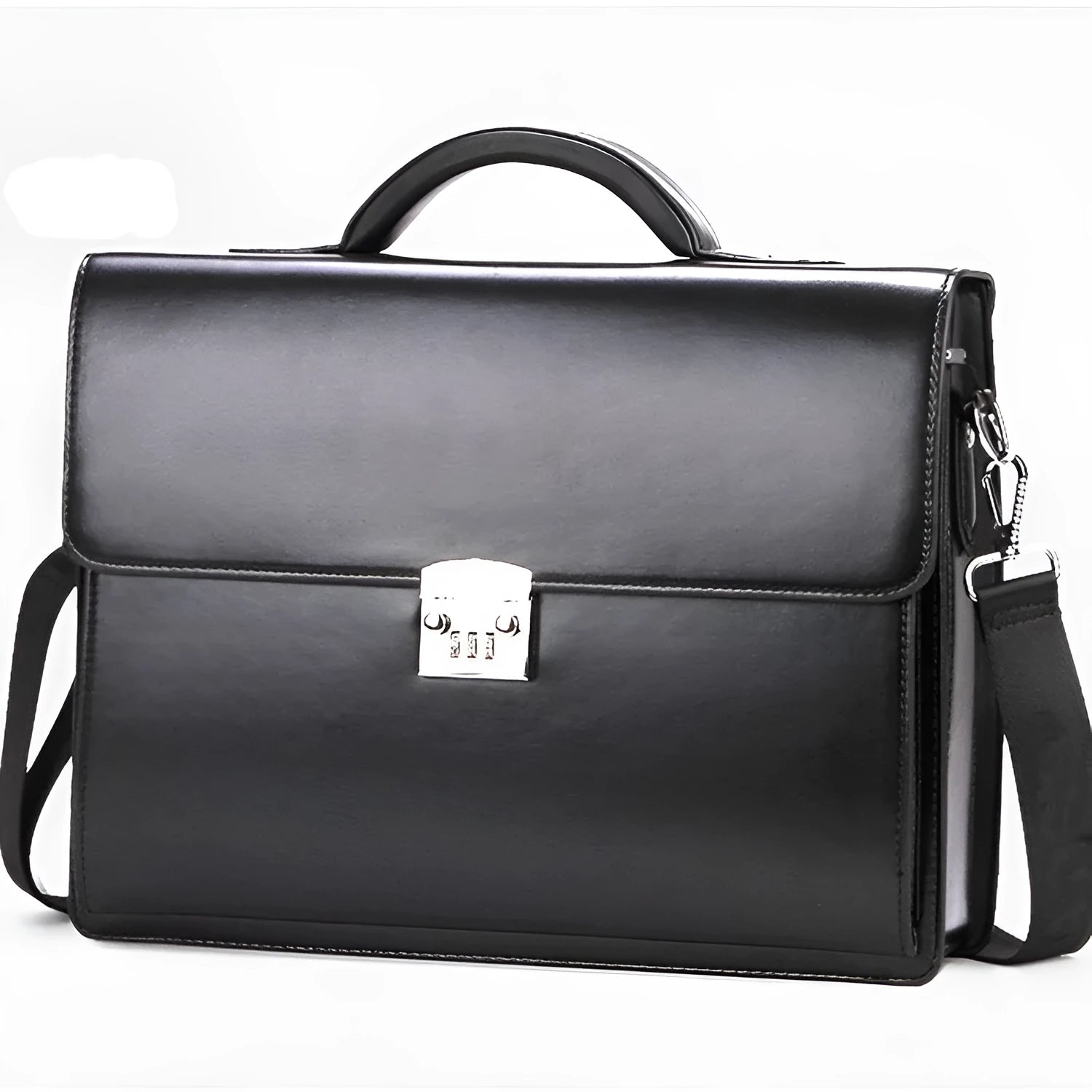 Men's black PU leather business briefcase with horizontal design and loading handle