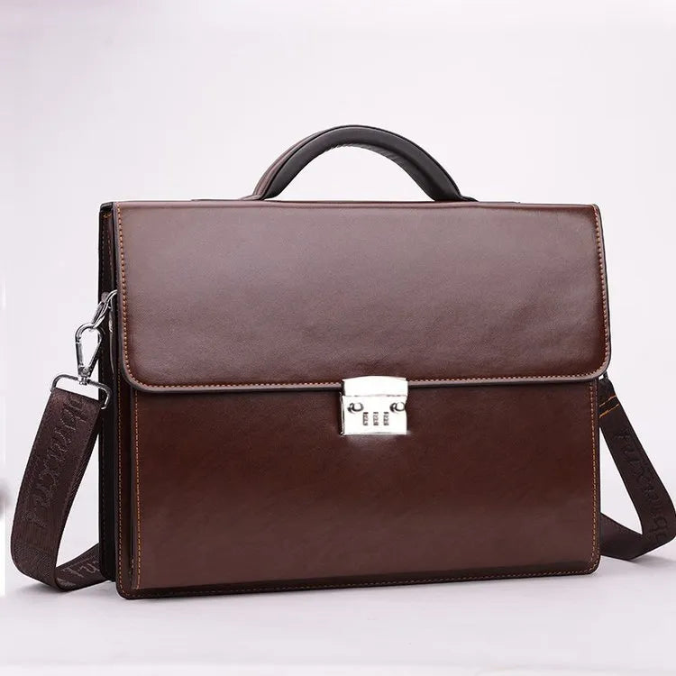 Men's black PU leather business briefcase with horizontal design and loading handle