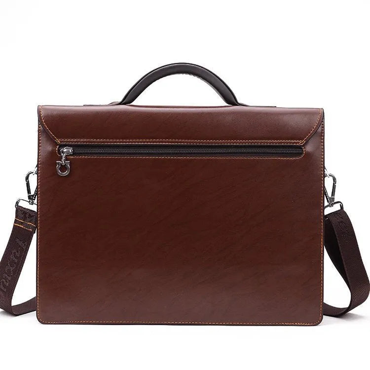 Men's black PU leather business briefcase with horizontal design and loading handle