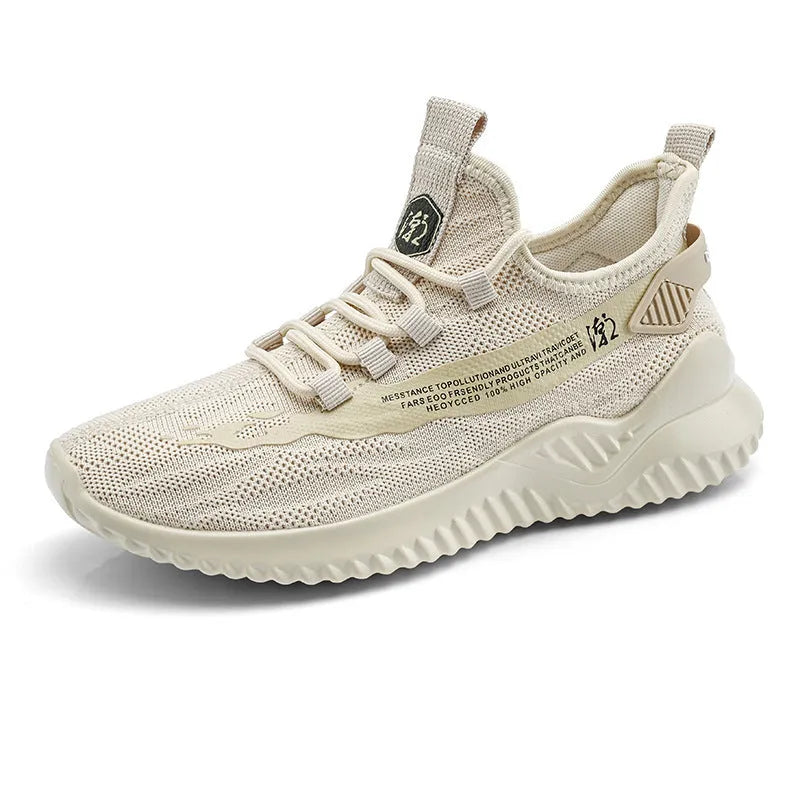 Men's white low-top mesh sports shoes with rubber sole and front tie laces on a plain background