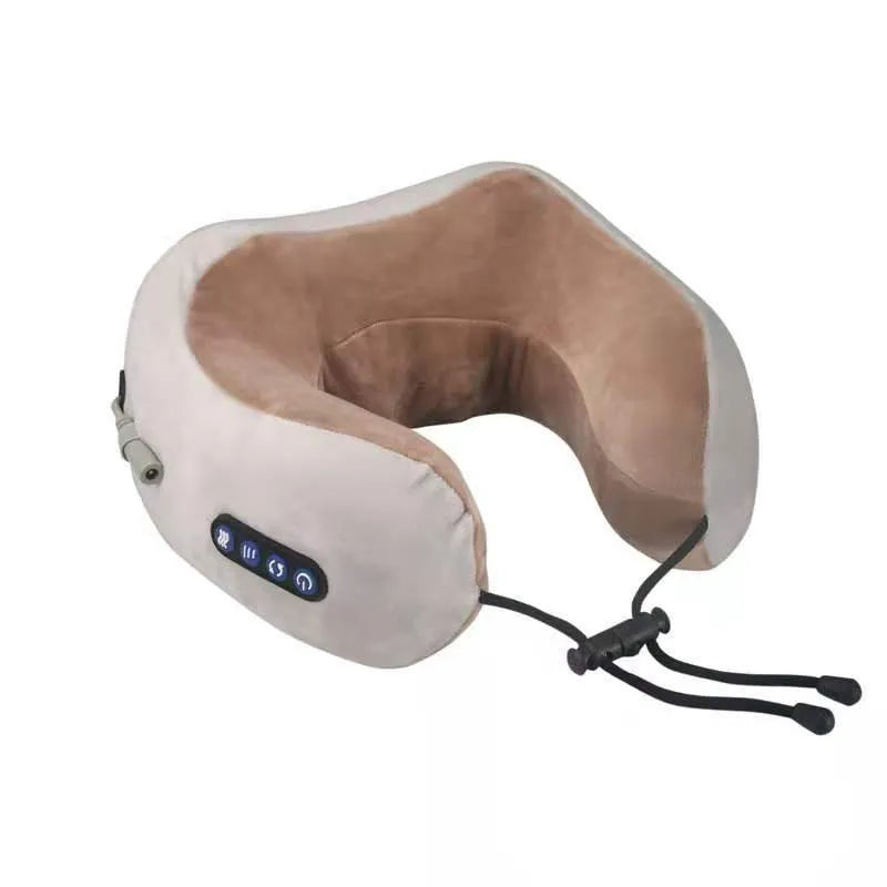 Brown U-shaped electric neck massager pillow with massage heads visible