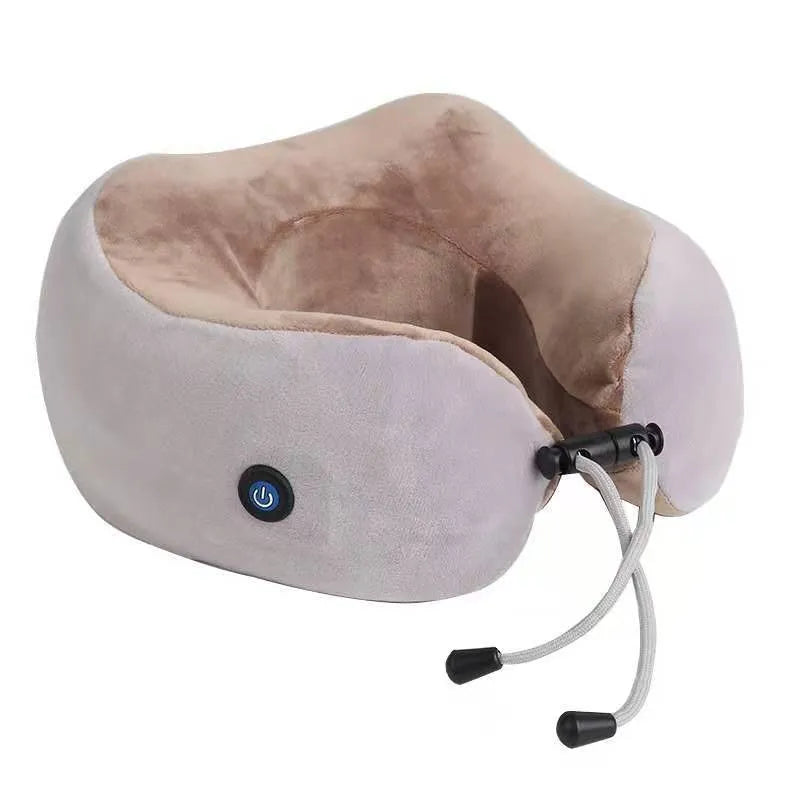 Brown U-shaped electric neck massager pillow with massage heads visible
