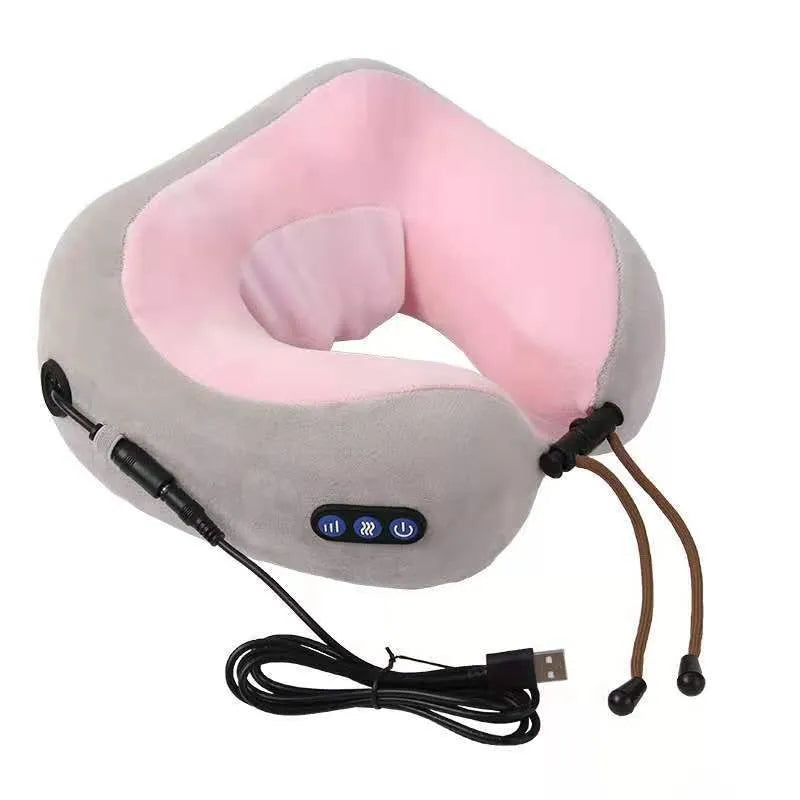 Brown U-shaped electric neck massager pillow with massage heads visible