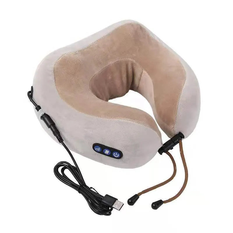 Brown U-shaped electric neck massager pillow with massage heads visible