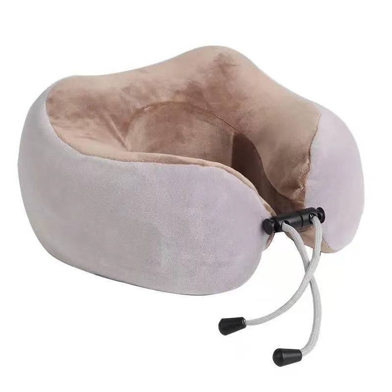 Brown U-shaped electric neck massager pillow with massage heads visible