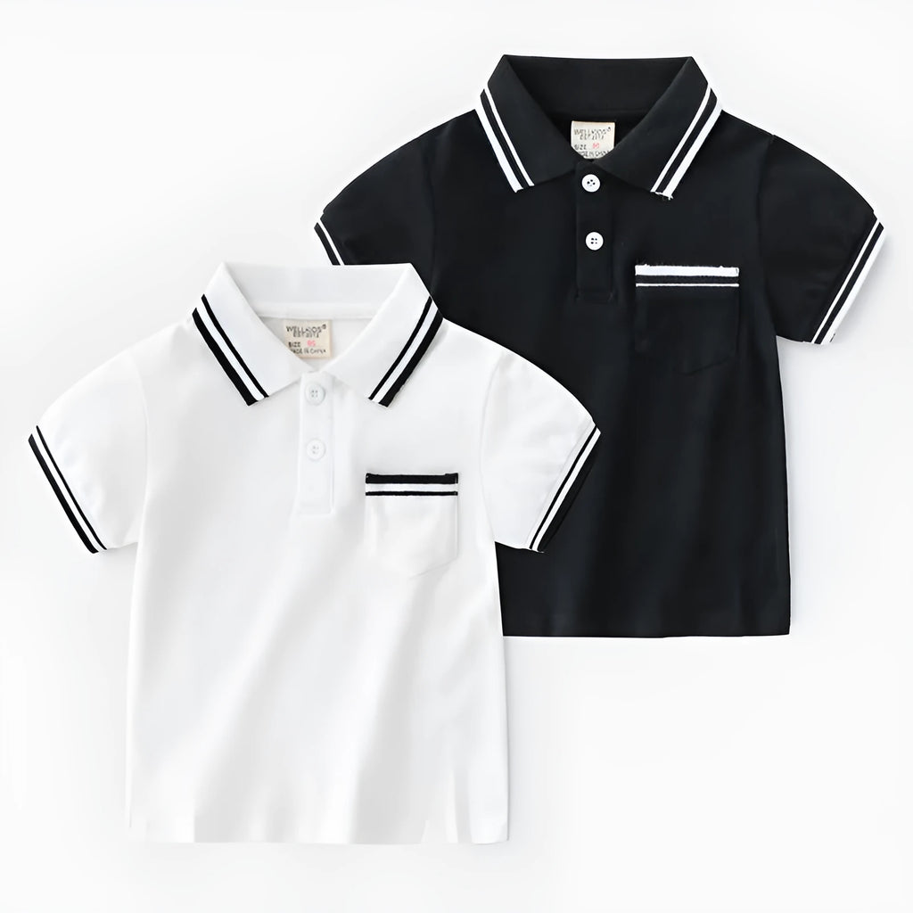 White boys cotton polo shirt with short sleeves and a round neck on a flat lay.