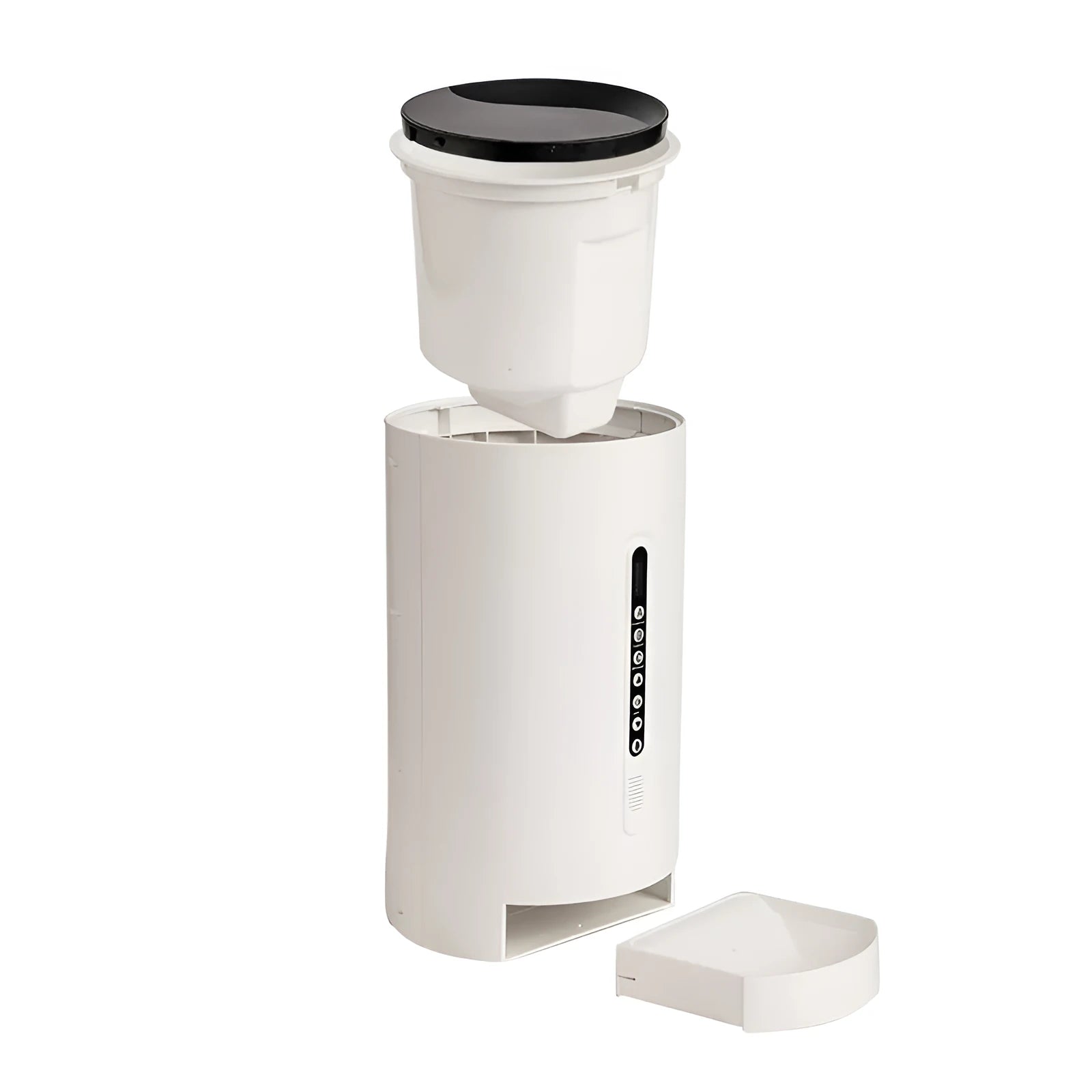 White smart pet feeder with 4.6L granary and timed dispensing on a countertop