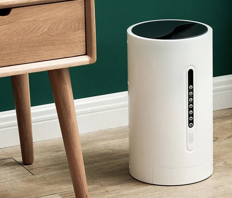 White smart pet feeder with 4.6L granary and timed dispensing on a countertop