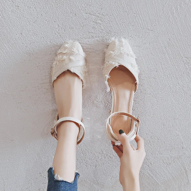 Women's apricot suede d'Orsay flats with an ankle strap and a low rubber sole